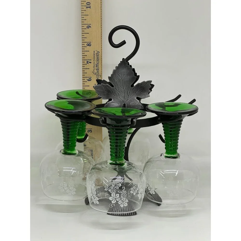 VTG‎ 80s Luminarc France Etched Wine Glass Set of 5 Green Ribbed Stem Grapevine